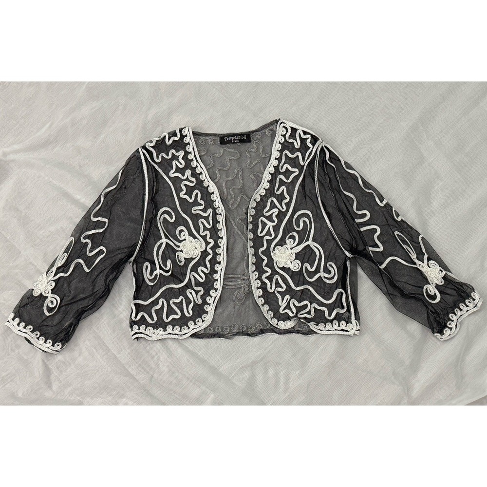 Temptation Italy Sheer Embroidered Cardigan Top Women's Sz M Black White Boho